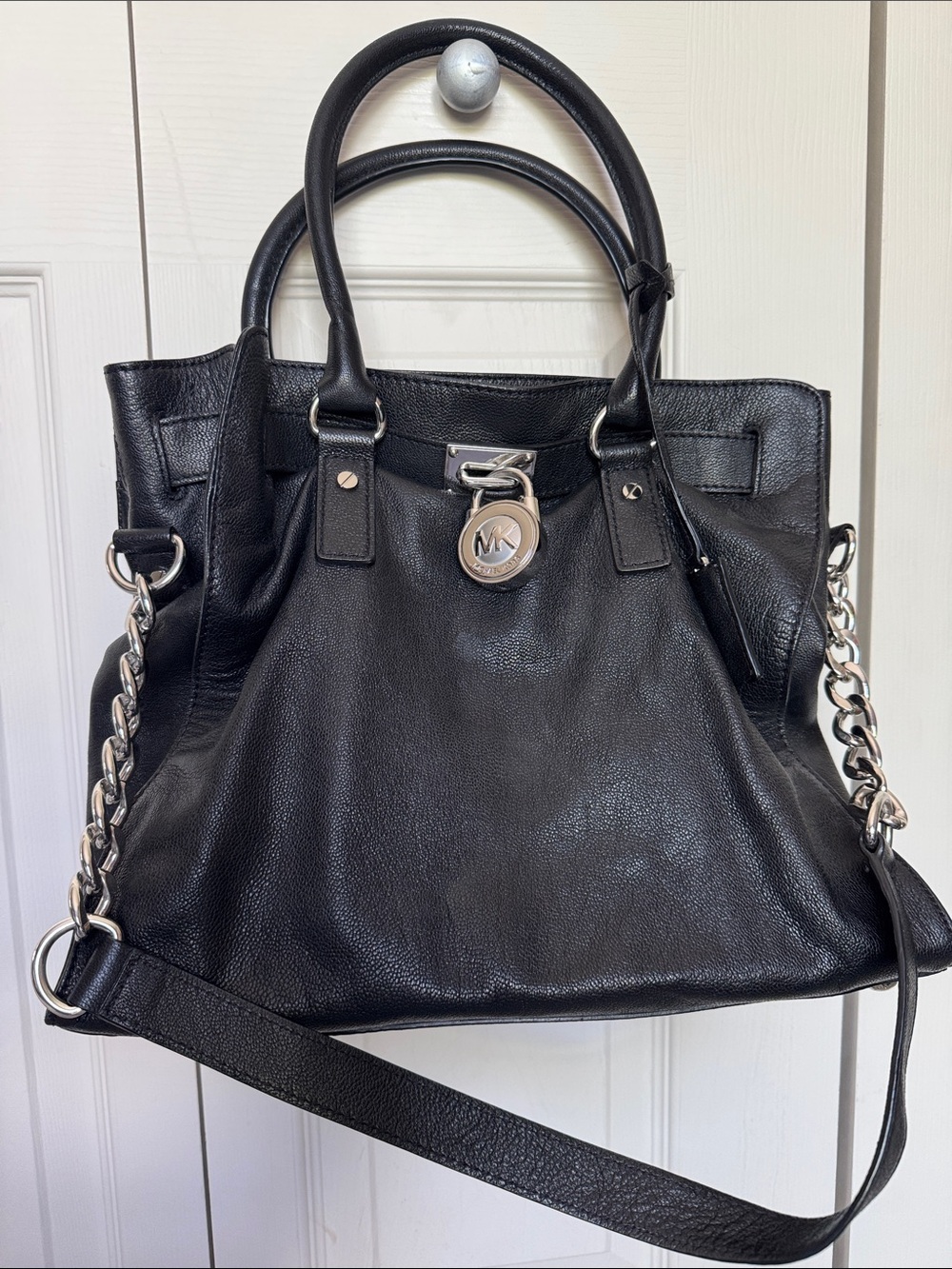 Michael Kors Black Leather Satchel with Silver MK Padlock